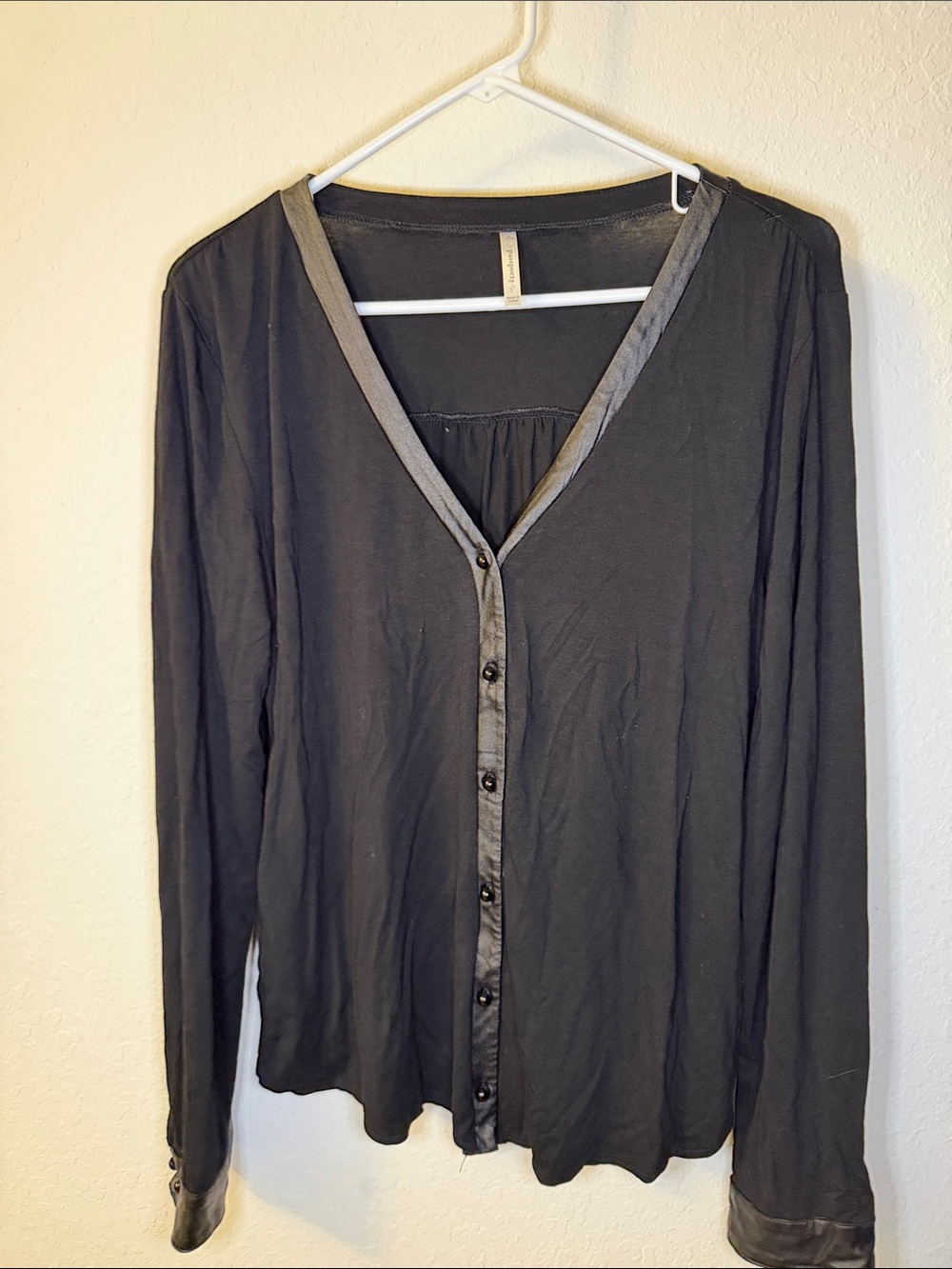 Passport Black Button-Front V-Neck Top with Gray Trim